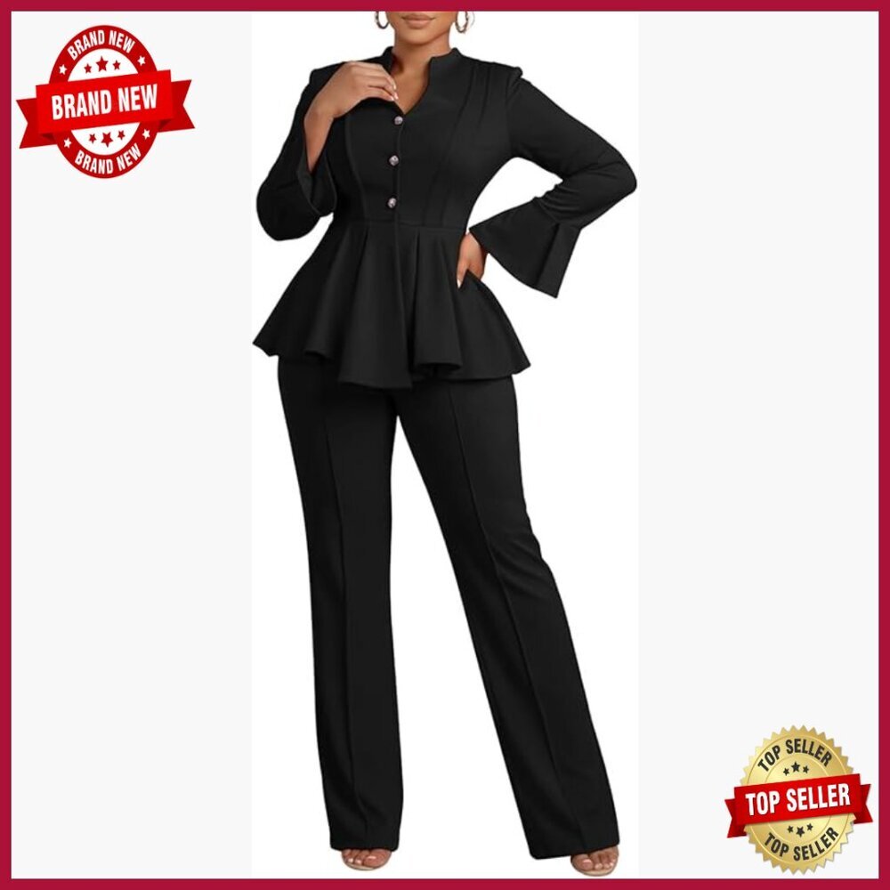 Two-Piece Business Suit Set with Peplum Blazer and Pants